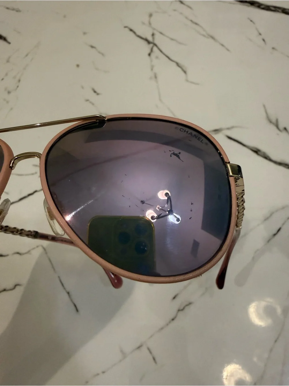 CHANEL Aviator Gold Frame Sunglasses with Pink Leather Trimming & Lenses